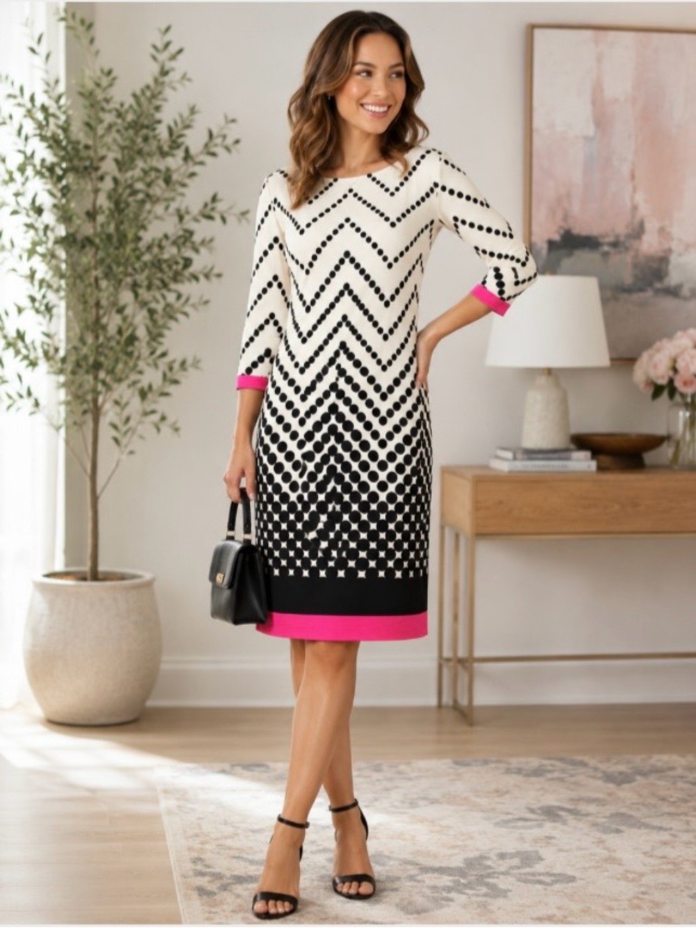 Eliza J Sz 14 Polka Dot Chevron Dress Black Cream Pink Lined 3/4 Sleeve Career